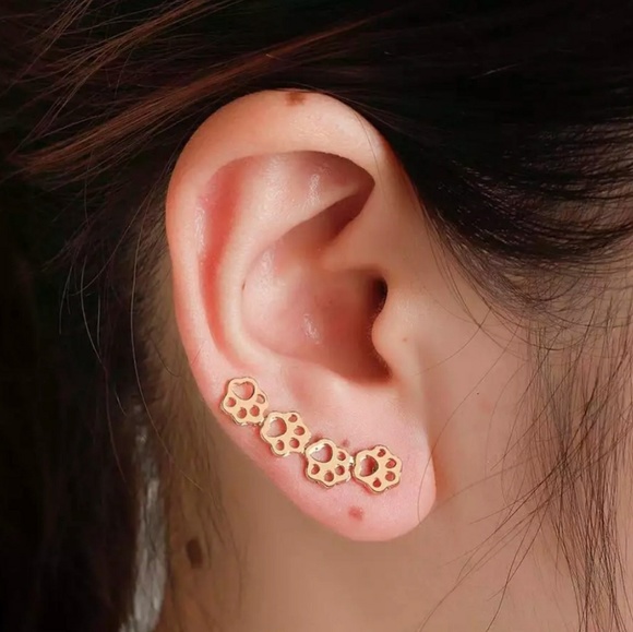 Gold Tone Paw Print Ear Climber Sweep Earrings
